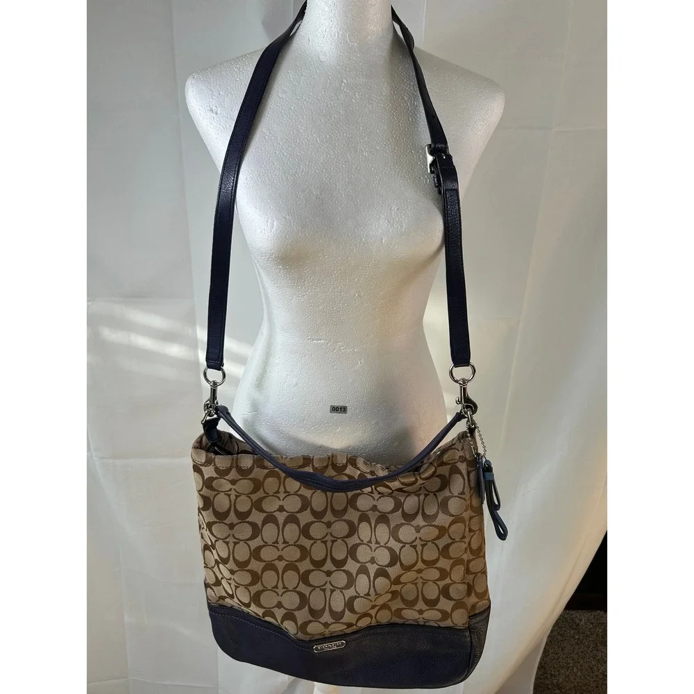 Coach Signature Hobo Bag Purple Leather Trim Canvas Crossbody Shoulder Purse‎